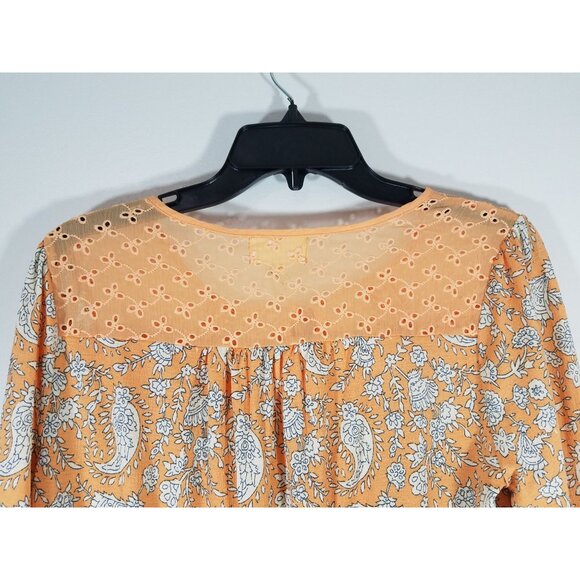Melloday Paisley Print Peach Blouse With Eyelet Design & Tie Neckline Small - Picture 10 of 10